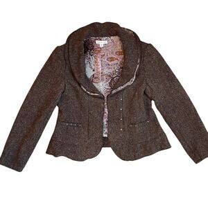 Vintage Y2K Tweed Open Front Blazer Jacket Ruffle Floral Lined size P8 Brown